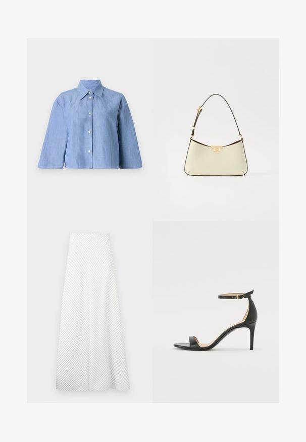 Camisa corta de color azul claro hecha de lino, con cuello puntiagudo, botones en el frente y mangas tres cuartos con una textura suave.; Falda blanca con rayas diagonales en navy, diseño fluido y textura suave. Cuenta con una cintura alta y una forma A amplia.; Sándalo de tacón alto de piel negra con tiras en el tobillo. Presenta una textura suave, puntera abierta y un tacón delgado. Detalles de hebilla en tono dorado.; Bolso de cuero en crema con forma curvada. Presenta un acento de logo en tono dorado y una correa delgada y ajustable de color oscuro.