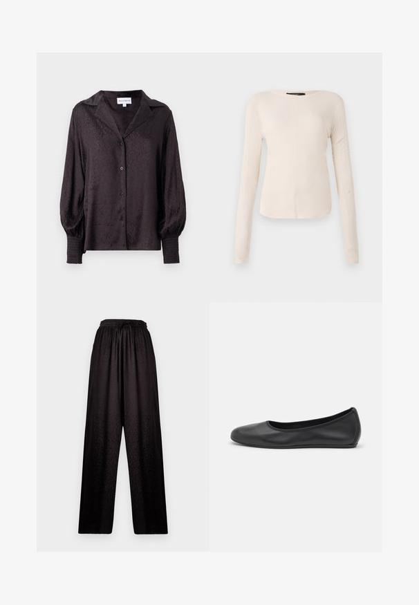 Schwarze Satinbluse mit dezentem Tierdruck, Knopfverschluss und lockerer Passform. Verfügt über Ballonärmel und geraffte Details an den Manschetten.; Langärmliges, hellbeiges Oberteil mit rundem Ausschnitt. Aus weichem Stoff gefertigt, verfügt es über eine zentrale Naht und einen leicht geschwungenen Saum. Keine sichtbaren Beschläge.; Schwarze weite Hosen mit elastischem Bund und subtiler Leopardenmuster-Textur, die eine Kordelzugbindung vorne aufweist.; Schwarze Leder-Ballettschuhe mit abgerundeter Spitze, glatter Textur, minimalen Nähdetails und einem flexiblen Sohlen-Design.