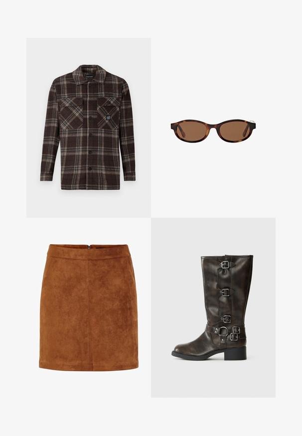 Hnědá kostkovaná košile s knoflíky, která slouží jako bunda, se dvěma předními kapsami na knoflíky na hrudi a malým logem na pravé kapse.; Hnědá semišová minisukně s hladkým povrchem, rovného střihu a decentním zadním zipem. Obsahuje švy pro strukturu.; Hnědé kožené vysoké boty po kolena s několika přezkami, kulatou špičkou a nízkým širokým podpatkem. Mají texturovaný povrch a nastavitelné popruhy.; Hnědé sluneční brýle s oválnými obroučkami, zdobené želvovinovým vzorem a širokými stranami. Hladký povrch a jemný branding na boku.; Hnědá tkaná kožená taška s uzlíkovými uchy, kterou nese osoba v světle modrých džínech a černých robustních botách. Hladký, texturovaný povrch.