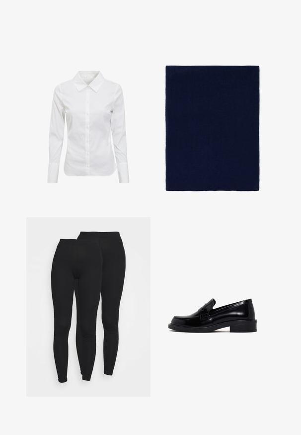 Camisa blanca de mangas largas con cuello clásico, parte delantera abotonada y tela de algodón suave. Diseño minimalista, sin patrones ni acentos.; Leggings negros con una banda elástica en la cintura, hechos de una tela suave y elástica. Presentan un diseño ajustado que se estrecha en los tobillos.; Mocasines de cuero negro con un acabado suave, punta redondeada, tacón bajo en bloque y una correa decorativa en la parte superior. Detalles texturizados en los laterales.; Alfombra de baño cuadrada de color azul marino, fabricada con un tejido texturizado, con una superficie uniforme sin patrones ni adornos.