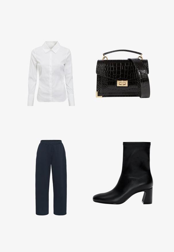 Weißes Langarmhemd mit klassischem Kragen, Knopfleiste und glattem Baumwollstoff. Minimalistisches Design, ohne Muster oder Akzente.; Kaffe Jogginghose - midnight marine; Schwarzer Knöchelstiefel aus glattem Leder. Mit quadrater Zehenpartie, elastischem Schaft und einem stabilen Blockabsatz. Minimalistisches Design.; Schwarz lackierte Handtasche mit Krokodilstruktur, goldfarbenen Hardware, einem oberen Griff und einem abnehmbaren Schulterriemen. Rechteckige Form mit Klappenverschluss.