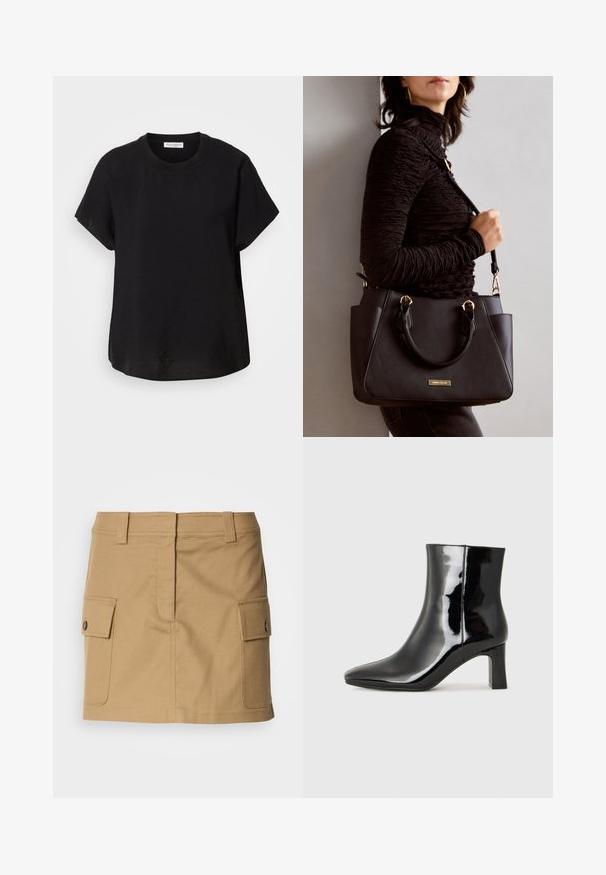 Černé tričko s krátkým rukávem a kulatým výstřihem. Vyrobeno z lehké tkaniny, má volný střih a rovný spodní lem.; Khaki bavlněná sukně s úzkým pasem, dvojicí bočních kapes s klopami a rovný střih. Odolná tkanina s hladkou strukturou.; Černé lakované kotníkové boty s špičatou špičkou a středně vysokým blokovým podpatkem. Hladká textura a minimalistický design.; Černá kabelka s texturovaným povrchem, dvojitými horními uchy a nastavitelným ramenním popruhem. Obsahuje zlaté kovové prvky a boční kapsy.