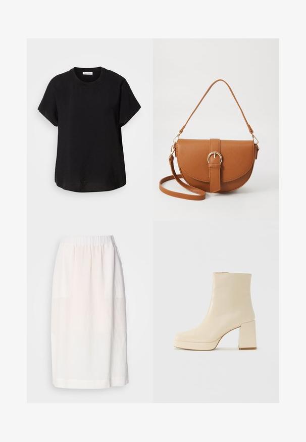 Sort kortærmet t-shirt med rund halsudskæring. Fremstillet af letvægtsstof, med en afslappet pasform og en lige kant forneden.; Lys beige nederdel lavet af blød stof, med en elastisk talje og en lige silhuet. Glat tekstur uden synlige mønstre.; Beige læder ankelstøvle med blokhæl og platformssål, glat overflade og let firkantet tå, vender til venstre på hvid baggrund.; Brun læder crossbody taske med en buet form, guldfarvet hardware og en spændeaccent. Har en aftagelig skulderrem.