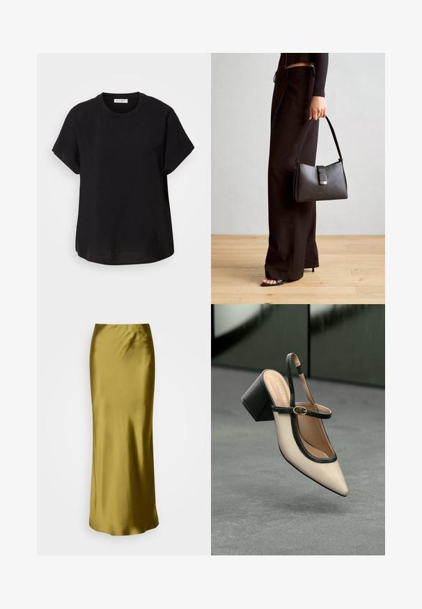 Black short-sleeve t-shirt with a round neckline. Made of lightweight fabric, featuring a relaxed fit and a straight hem at the bottom.; Satin, olive-green, high-waisted skirt with a sleek, fitted design, tapered shape, and smooth texture, intended for a floor-length style.; Beige pointed-toe slingback shoe with black trim, gold buckle, and a chunky block heel on gray floor with dark green background.; Black handbag with structured shape, smooth texture, and a metallic clasp. Paired with wide black pants and open-toe sandals on wooden floor.