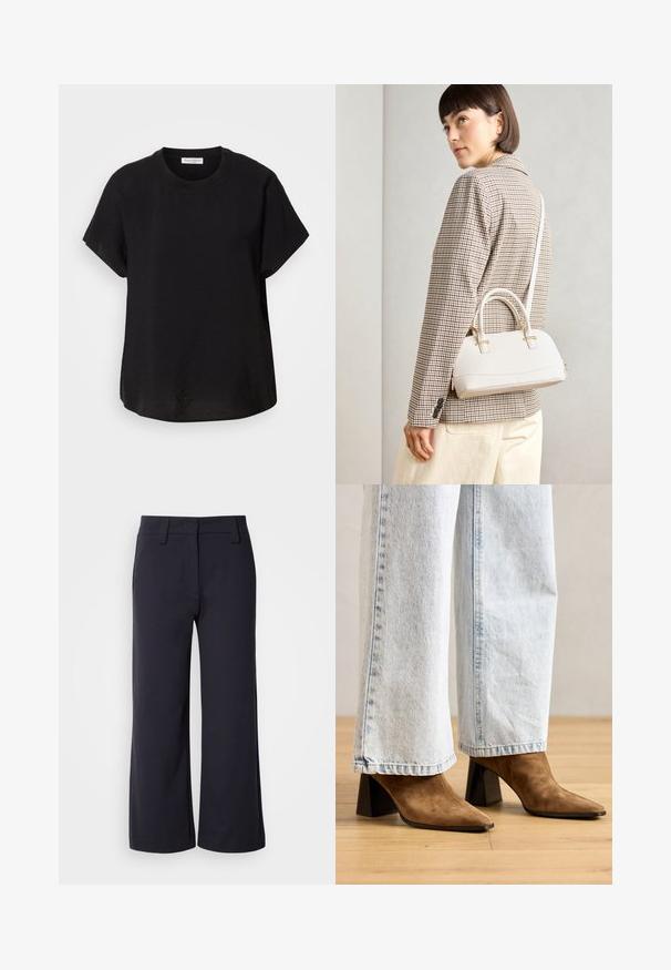 Tricou negru cu mânecă scurtă și decolteu rotund. Confecționat dintr-un material ușor, având o croială lejeră și un tiv drept la baza.; Pantaloni lejeri din material de culoare bleu închis. Au un front plan, bucle pentru centură și buzunare laterale. Materialul este neted și are o ușoară elasticitate.; Botine din suede maro, cu vârful ascuțit, toc bloc și o textură netedă, asociate cu blugi largi de culoare bleu deschis.; Geantă structurată albă, cu mânere scurte și curea de umăr, având accente din metal aurit și material texturat, expusă pe un fundal gri.