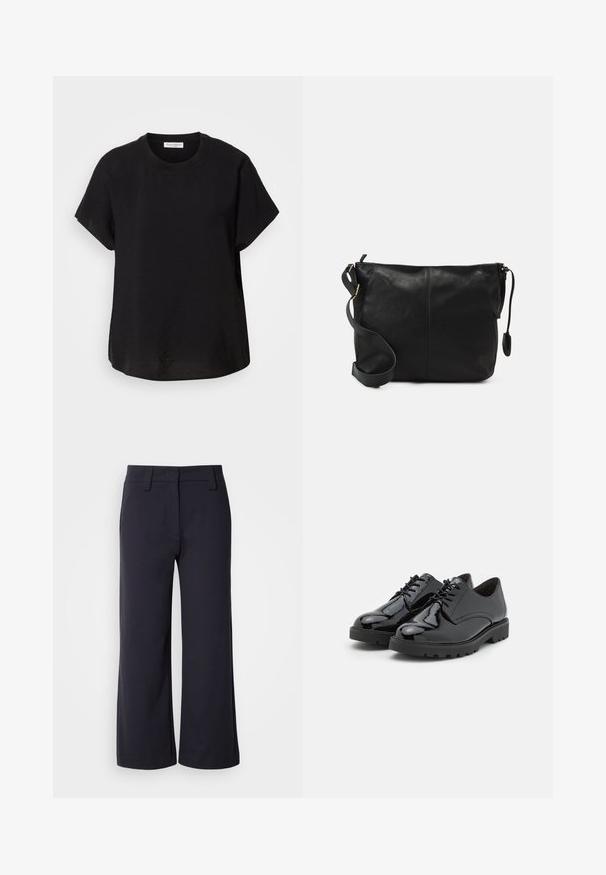Svart t-skjorte med korte ermer og rund hals. Laget av lett stoff, med en avslappet passform og en rett kant nederst.; Vide benbukser i mørk navy-stof. Har flad front, bæltesløjfer og sidelommer. Materialet er glat med en let stræk.; Sorte patentlæder sko med rund tå, snørelukning, gummisål med tekstur og subtile stikninger langs siderne.; Svart skinn crossover-veske med flat form, gullfarge detaljer og justerbar stropp. Glatt tekstur med minimale sømmer.