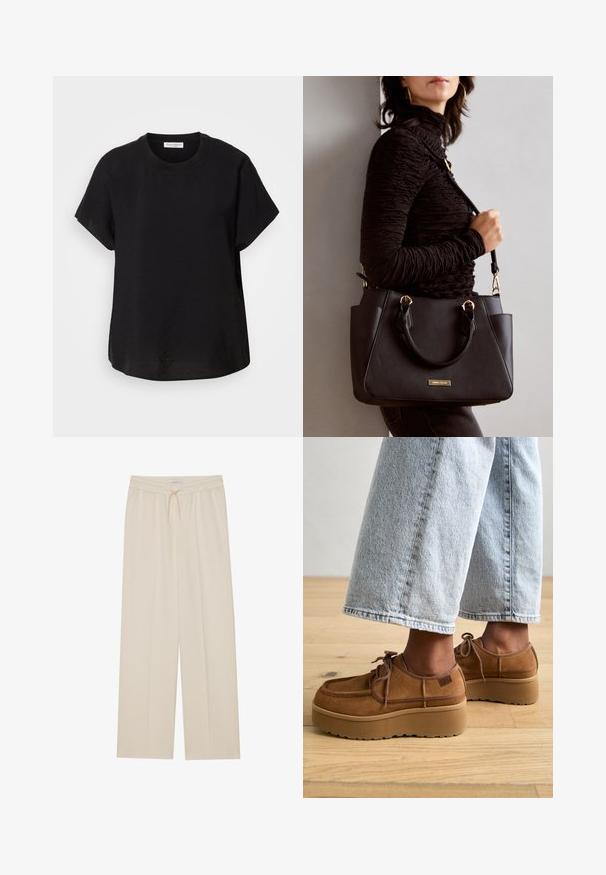 Svart t-skjorte med korte ermer og rund hals. Laget av lett stoff, med en avslappet passform og en rett kant nederst.; Beige vide benbukser laget av myk stoff, med elastisk midjebånd, snøring og sidelommer for praktisk bruk.; UGG CITYFUNC SHOE - Casual snøresko - chestnut; Svart håndveske med teksturert overflate, doble topphåndtak og justerbar skulderrem. Har detaljer i gulltone og sidelommer.