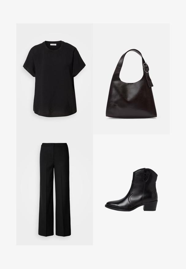 Svart t-skjorte med korte ermer og rund hals. Laget av lett stoff, med en avslappet passform og en rett kant nederst.; Svarte vide bukser med et glatt stoff, med høy livvidde, skreddersydde sømmer og et minimalistisk design. Ingen synlig maskinvare eller lommer.; Sorte lær ankle boots med spiss tå, buede sidesømmer og en lav, blokk hæl. Har glidelås lukking og en jevn tekstur.; Brun lærveske med en glatt tekstur, rund form, bred stropp og sirkelformet metallaccent på håndtaket.