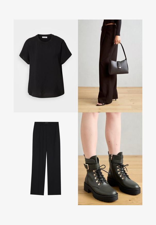 Fekete rövid ujjú póló kerek nyakkivágással. Könnyű anyagból készült, laza fazonnal és egyenes végű aljjal.; Fekete nadrág egyenes szárú kialakítással, két első zsebbel és derékrésszel. Simának és könnyű anyagból készült.; Sötétzöld bokacsizmák sima bőrből, fűzős kialakítással, aranyszínű fűzőlyukakkal és oldalsó cipzárral, vastag fekete profilú talppal.; Fekete kézi táska strukturált formával, sima textúrával és fémből készült záródással. Széles fekete nadrággal és nyitott orrú szandállal párosítva, fából készült padlón.