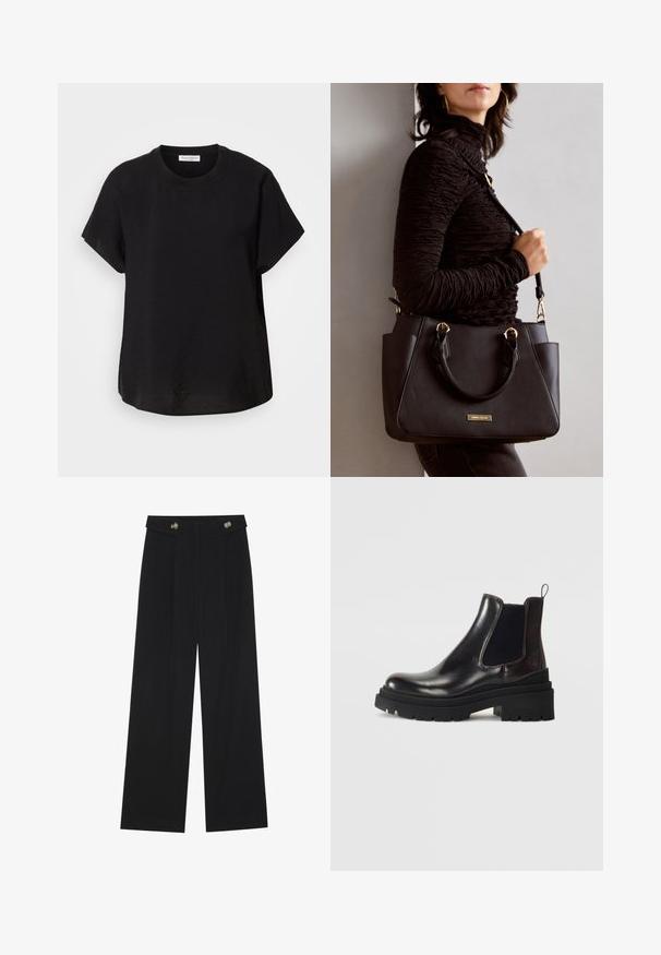 Mustale lühikese varrukaga T-särk, ümmarguse dekolteega. Valmistatud kergest kangast, lõdva istuvuse ja sirge äärisega all.; Mustad laiad püksid kõrge vöökoha ja nööpdetailidega vööandil, esikortsudega.; Tamaris Klassikalised poolsaapad - merlot; Musthave must kott, millel on tekstuurne pind, kaks ülemist käepidet ja reguleeritav õlarihm. Omab kuldse tooni riistu ja külgtaskuid.