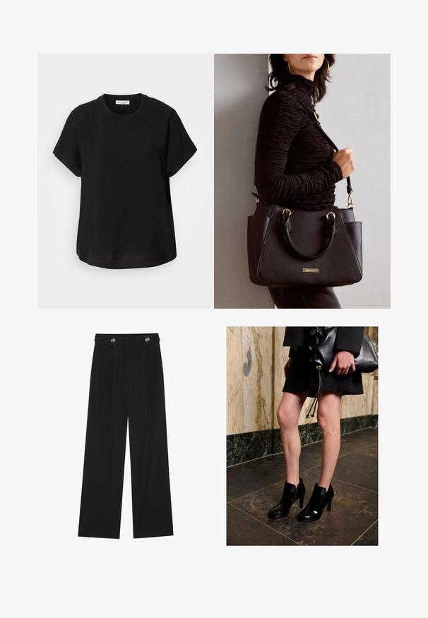 Black short-sleeve t-shirt with a round neckline. Made of lightweight fabric, featuring a relaxed fit and a straight hem at the bottom.; Black wide-leg trousers with high waist, button details on waistband, and front pleats.; Woman wearing black ankle boots and a black skirt, holding a large black leather clutch, standing on dark tiled floor near marble wall.; Black handbag with textured surface, dual top handles, and adjustable shoulder strap. Features gold-tone hardware and side pockets.