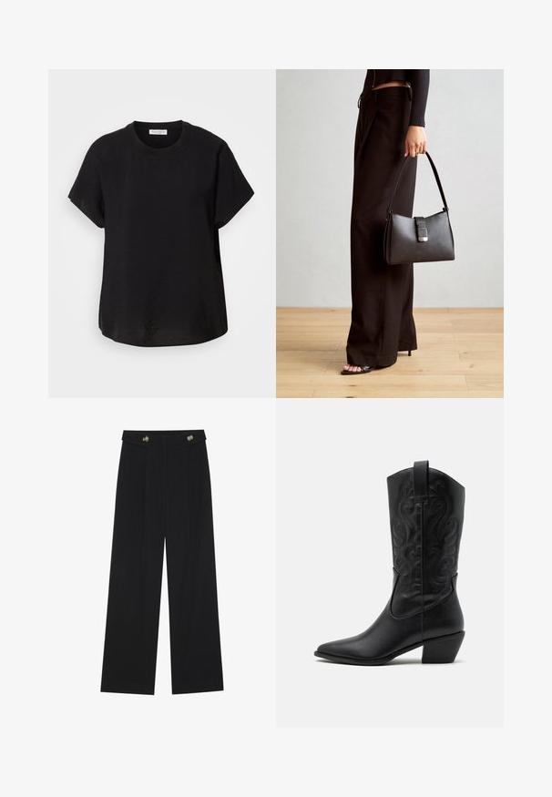 Black short-sleeve t-shirt with a round neckline. Made of lightweight fabric, featuring a relaxed fit and a straight hem at the bottom.; Black wide-leg trousers with high waist, button details on waistband, and front pleats.; Black leather cowboy boot with pointed toe, embossed swirling patterns, and a mid-height heel. Features a pull tab for easy wear.; Black handbag with structured shape, smooth texture, and a metallic clasp. Paired with wide black pants and open-toe sandals on wooden floor.