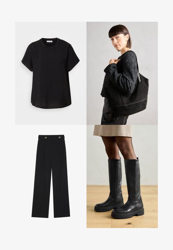 Tricou negru cu mânecă scurtă și decolteu rotund. Confecționat dintr-un material ușor, având o croială lejeră și un tiv drept la baza.; Pantaloni negri cu picioare largi, talie înaltă, detalii cu butoane pe talie și pliseuri în față.; Cizme negre până la genunchi, din piele, cu o textură netedă, dotate cu o talpă groasă din cauciuc și un fermoar lateral pentru a fi ușor de încălțat.; Geantă tote din suede negru, cu o textură netedă, formă structurată și cusături contrastante. Dispune de bretele lungi pentru purtare pe umăr.