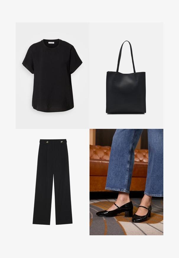 Černé tričko s krátkým rukávem a kulatým výstřihem. Vyrobeno z lehké tkaniny, má volný střih a rovný spodní lem.; Černé široké kalhoty s vysokým pasem, detailní knoflíky na pase a přední záhyby.; Černé lakované lodičky s špičatou špičkou, blokovým podpatkem a páskem kolem kotníku, nošené s širokými džínovými kalhotami na vzorovaném koberci.; Černá kožená taška přes rameno s hladkým povrchem, obdélníkovým tvarem a dvěma dlouhými uchy. Žádné viditelné kování ani ozdoby.