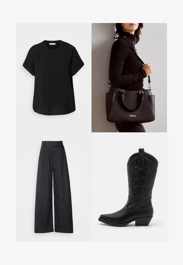 Fekete rövid ujjú póló kerek nyakkivágással. Könnyű anyagból készült, laza fazonnal és egyenes végű aljjal.; Sötét, bő szárú nadrág, struktúrált derékvonallal és redőkkel. Könnyű anyagból készült, sima tapintású, további látható minták nélkül.; Fekete cowboy csizma hegyes orral, texturált bőrből készült, díszes varrással a szárán és alacsony, rétegelt sarokkal.; Fekete kézitáska texturált felülettel, dupla felső fogantyúval és állítható vállpánttal. Arany színű fém kiegészítők és oldalsó zsebek találhatók rajta.