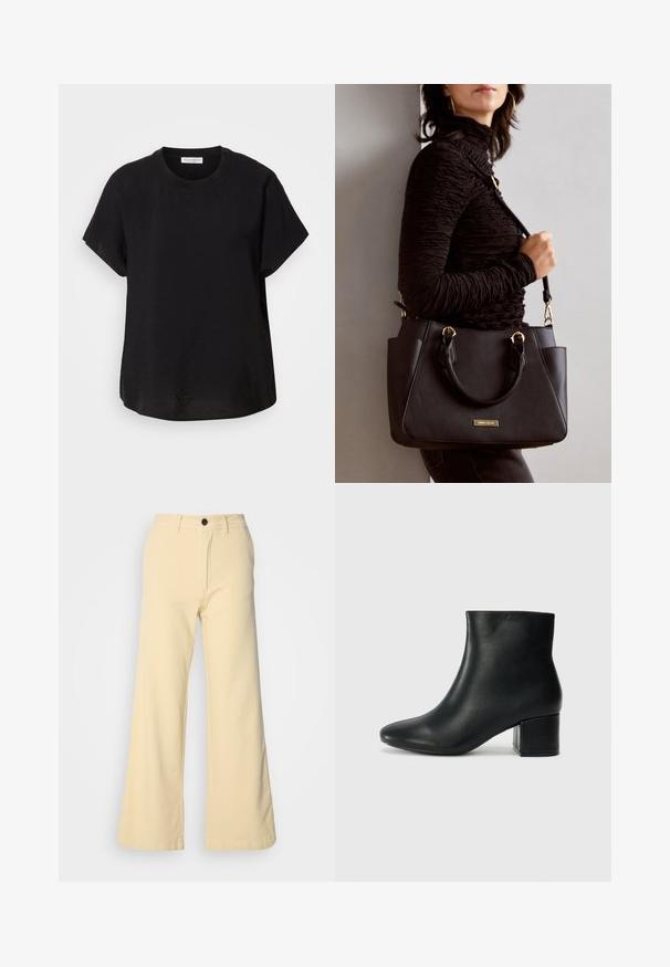 Čierne tričko s krátkym rukávom a okrúhlym výstrihom. Vyrobené z ľahkej látky, má voľný strih a rovný lem na spodnej strane.; Široké nohavice svetložltej farby, vyrobené z bavlnenej zmesi. Majú predné zapínanie na gombík, pútka na opasok a dve bočné vrecká.; Čierne kožené členkové čižmy s špicatou špičkou a hrubým podpätkom. Hladká textúra s minimálnymi akcentmi a elegantným, priliehavým dizajnom.; Čierna kabelka s textúrovaným povrchom, dvojitými hornými rúčkami a nastaviteľným ramenným popruhom. Obsahuje zlaté kovanie a bočné vrecká.