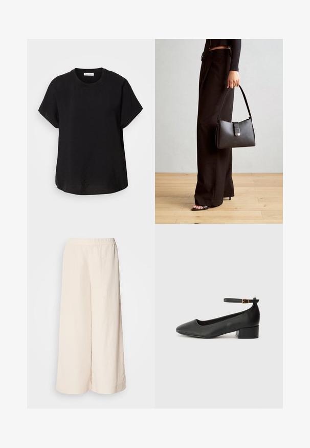 Svart t-skjorte med korte ermer og rund hals. Laget av lett stoff, med en avslappet passform og en rett kant nederst.; Kremfargede vide bukser med elastisk midje, med avslappet passform og glatt tekstur, egnet for hverdagsbruk.; Sorte skinnpumper med spiss tå og lav blokkhelt. Har ankelrem med gullfarget spenne. Glatt tekstur.; Svart håndveske med strukturert form, jevn tekstur og metallisk lås. Kombinert med brede svarte bukser og sandaler med åpen tå på tregulv.