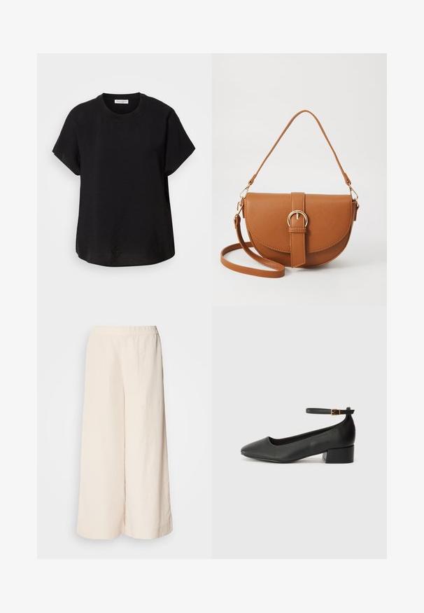 Svart t-skjorte med korte ermer og rund hals. Laget av lett stoff, med en avslappet passform og en rett kant nederst.; Kremfargede vide bukser med elastisk midje, med avslappet passform og glatt tekstur, egnet for hverdagsbruk.; Sorte skinnpumper med spiss tå og lav blokkhelt. Har ankelrem med gullfarget spenne. Glatt tekstur.; Brun lærcrossbody-veske med en buet form, gullhardware og et spenneakcent. Har en avtakbar skulderreim.