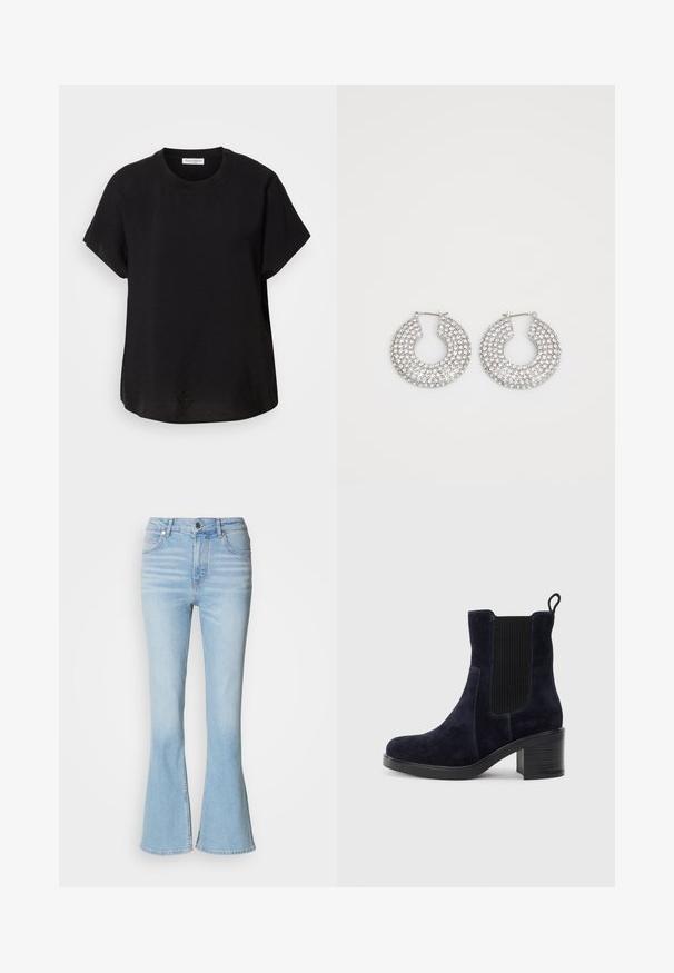 Juodas trumpas rankovėmis marškinėliai su apvaliu kaklu. Pagaminti iš lengvos medžiagos, turi laisvą siluetą ir tiesią apatinę dalį.; Šviesiai mėlyni, plačiai išplatinti džinsai, pagaminti iš džinsinio audinio, su aukštu liemeniu, subtiliai pašviesėjimu ir standartiniu užtrauktuku.; Tamsiai mėlynos suknelės odos aulinukai iki kulkšnių su elastingu šoniniu paneliu, apvaliu pirštu ir bloko kulnu. Tekstūruota medžiaga ir lygi padas suteikia kontrastą.; Sidabrinės auskarų žiedai, papuošti daugybe skaidrių kristalų akcentų, su tekstūruota paviršiumi ir atviru apvaliu dizainu.