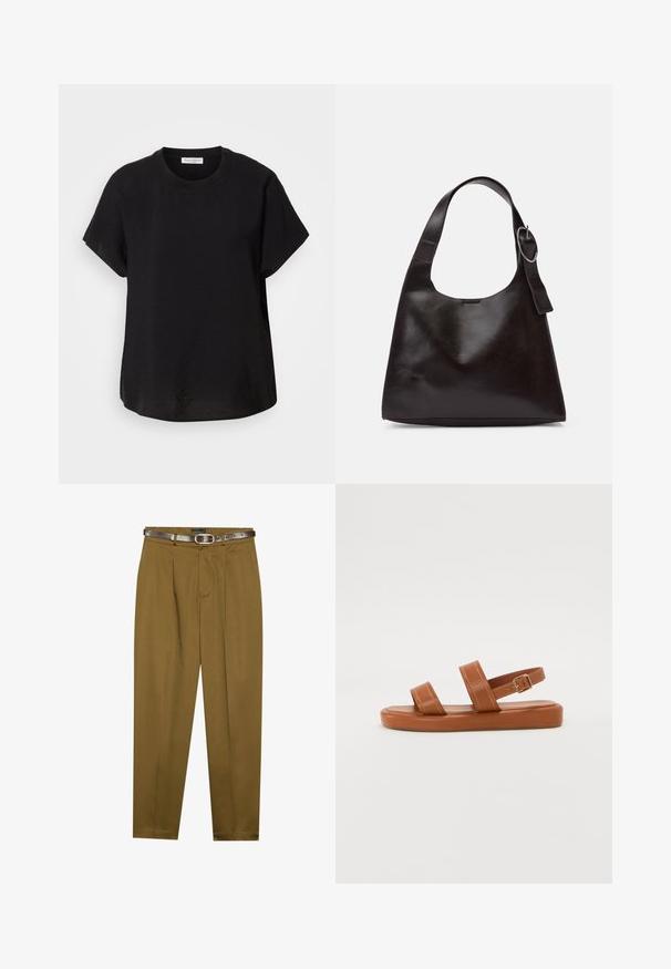 Musta lyhythihainen t-paita pyöreällä pääntiellä. Valmistettu kevyestä kankaasta, jossa on rento malli ja suora helma alhaalla.; Ruske, skræddersyede bukser med plisseret front og en tætsiddende talje. Mørkebrun læderbælte medfølger, med en rund spænde.; Ruske nahkasaapad, joissa on kaksi leveää hihnaa ja takana oleva hihna. Kenkien pohja on litteä ja siinä on hienovaraisia ompeleita sekä metalli-solki.; Ruskea nahkainen olkalaukku, jossa on sileä rakenne, pyöreä muoto, leveä hihna ja pyöreä metallikoriste kahvassa.