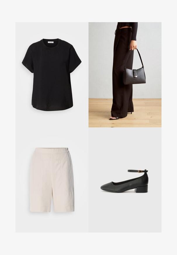 Musta lyhythihainen t-paita pyöreällä pääntiellä. Valmistettu kevyestä kankaasta, jossa on rento malli ja suora helma alhaalla.; Kermanväriset shortsit rentoa mitoitusta, joissa on sileä etuosa, joustava vyötärö ja hillityt ompeluyksityiskohdat sivuilla.; Mustat nahkakengät, joissa on terävä kärki ja matala lohkare korko. Varustettu nilkkahihnalla, jossa on kultasävyinen solki. Lisää sileä pinta.; Musta käsilaukku, jossa on rakenteellinen muoto, sileä pinta ja metallinen solki. Yhdistetty leveisiin mustiin housuihin ja avonaiheisiin sandaaleihin puulattialla.