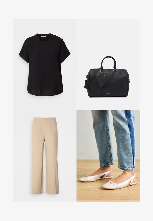 Tricou negru cu mânecă scurtă și decolteu rotund. Confecționat dintr-un material ușor, având o croială lejeră și un tiv drept la baza.; Pantaloni wide-leg bej, confecționați dintr-un material structurat, având un design minimalist cu plissuri presate și un talie plată.; Sandalete plate de un roz pal cu vârf ascuțit, realizate dintr-un material asemănător pielii, neted. Prezintă detalii decupate pe laterale și un toc plat.; Geantă de duffel din piele artificială neagră, cu accesorii aurii, două mânere superioare, curea de umăr ajustabilă și un buzunar cu etichetă detașabil.