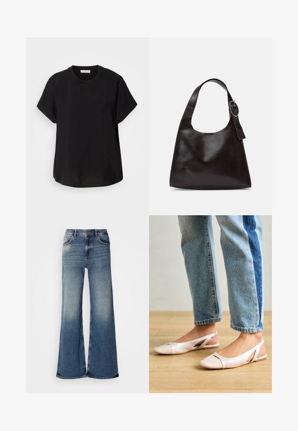 Černé tričko s krátkým rukávem a kulatým výstřihem. Vyrobeno z lehké tkaniny, má volný střih a rovný spodní lem.; Světlé modré denimové široké kalhoty s vysokým pasem, s vybledlými místy, klasickým designem pěti kapes a roztrhaným lemem.; Světle růžové slingback baleríny s špičatou špičkou, vyrobené z hladkého koženému materiálu. Obsahují vystřihovací detaily po stranách a plochý podpatek.; Hnědá kožená taška přes rameno s hladkou texturou, zaobleným tvarem, širokým popruhem a kulatým kovovým akcentem na rukojeti.
