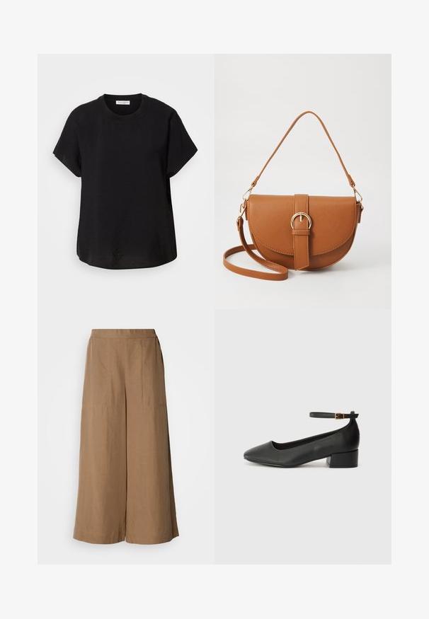 Musta lyhythihainen t-paita pyöreällä pääntiellä. Valmistettu kevyestä kankaasta, jossa on rento malli ja suora helma alhaalla.; Valkoiset leveälahkeiset housut vaaleanruskeasta kudotusta kankaasta. Ominaisuuksiin kuuluu korkea elastinen vyötärönauha, sivutaskut ja sileä pinta.; Mustat nahkakengät, joissa on terävä kärki ja matala lohkare korko. Varustettu nilkkahihnalla, jossa on kultasävyinen solki. Lisää sileä pinta.; Ruskean nahkainen olkalaukku, jossa on kaareva muoto, kultaiset yksityiskohdat ja solkiyksityiskohta. Varustettu irrotettavalla olkahihnalla.