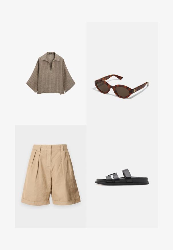 Blouse en lin marron avec un col, décolleté en V profond et manches évasées larges. Présente des rayures blanches verticales et une forme décontractée et carrée.; Shorts en lin beige avec une taille haute, deux plis à l'avant et des ourlets roulés. Texture lisse avec un design ajusté.; Sandales à glissière noires avec deux larges brides et un design minimaliste. Fabriquées en matériau synthétique lisse avec une semelle plate.; Lunettes de soleil en écaille de tortue avec des montures rondes, des verres foncés et des détails en or sur les branches. Matériau en plastique lisse, sans motifs visibles.