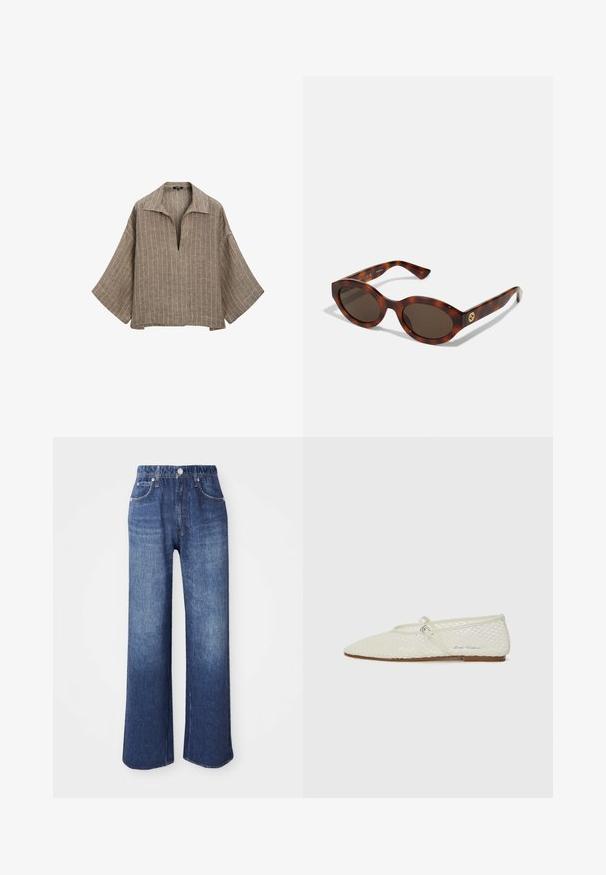 Bruine linnen blouse met een kraag, diepe V-hals en brede klokmouwen. Bevat verticale witte strepen en heeft een relaxte, boxy pasvorm.; Wijd-uitlopende blauwe spijkerbroek met een hoge taille, vijf zakken en een zilveren knoopsluiting. De stof heeft een gladde textuur met subtiele vervaging.; Crème-kleurige mesh balletschoen met een spitse neus en verstelbare band. Heeft een textuur bovenkant en een platte, brown zool.;  Schildpadbril met ronde montuur, donkere lenzen en gouden logo-detailering op de achterste pootjes. Glad kunststof materiaal, zonder zichtbare patronen.