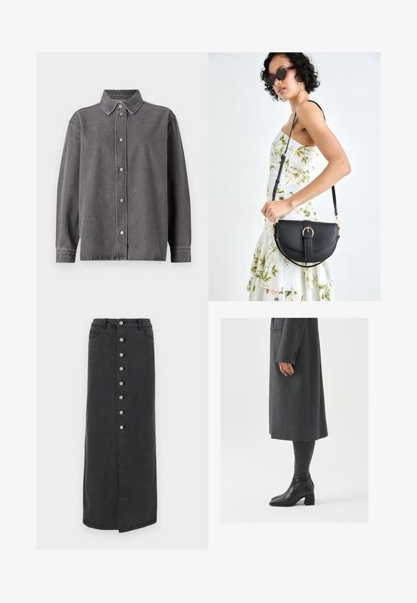 Halli denimi särk, millel on nööpidega eesmine osa, pikad varrukad ja terav krae. Sellel on kaks eesmist taskut ja lõdvendatud lõikega.; Pikk must denimseelik, millel on esi- ja nupplukustus, vöölukud ning küljetaskud. Sile tekstuur, sirge siluett ja kerge lõhik.; Hallhalline, kohandatud ülikond jakk sirge lõikega; kombineeritud kuni põlveni ulatuvate mustade nahast saapadega, millel on nelinurkne varvas ja paks konts.; Mustmust mustraha kõverate joontega, eemaldatava rihmaga ja kuldsete detailidega. Kotil on klapp, millel on pandladetail.