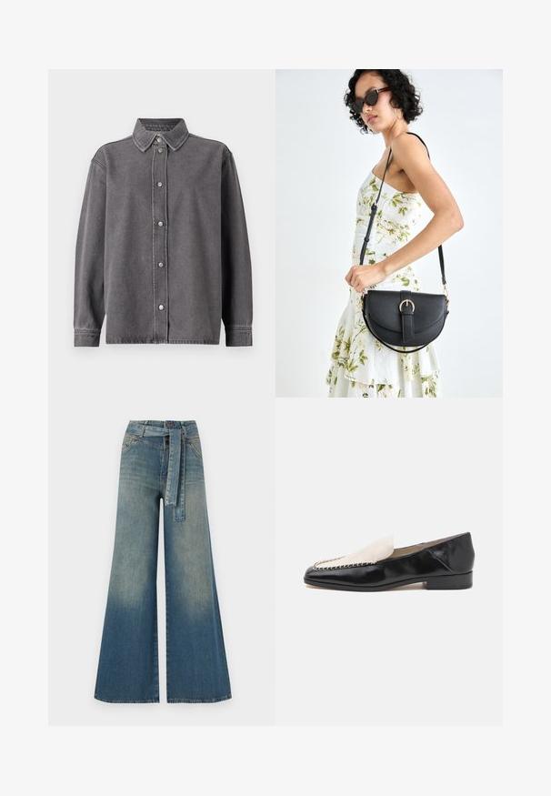 Grau Denim-Hemd mit Knopfverschluss vorne, langen Ärmeln und spitzem Kragen. Verfügt über zwei aufgesetzte Taschen vorne und einen lässigen Schnitt.; Weit geschnittene Denim-Hosen mit einem Farbverlauf von hellblau zu dunkelblau, hoher Taille, Gürtelschlaufen und einem passenden Stoffgürtel. Strukturierte Denim-Oberfläche.; Schwarze Lederloafers mit einem kontrastierenden Oberteil aus beigem Leder, versehen mit einer genähten Details entlang der Kante und einem niedrigen Absatz.; Schwarze Lederhandtasche mit geschwungener Form, abnehmbarem Tragegurt und goldenen Beschlägen. Die Tasche verfügt über einen Deckel mit einer Schnallen-Details.