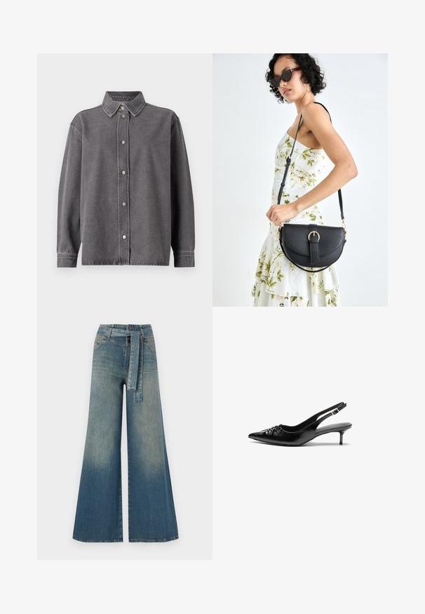 Camisa de mezclilla gris con botones en la parte delantera, mangas largas y cuello puntiagudo. Presenta dos bolsillos frontales y un corte relajado.; Pantalones de mezclilla de pierna ancha con un degradado de azul claro a oscuro, cintura alta, trabillas para cinturón y un cinturón de tela a juego. Acabado de mezclilla texturizada.; Tacones slingback de cuero negro con punta puntiaguda, tacón bajo de estilo kitten y detalle fruncido en el empeine. Textura suave y diseño minimalista.; Bolso de piel negra con forma curva, correa desmontable y herrajes dorados. El bolso cuenta con una solapa con un detalle de hebilla.