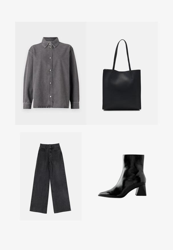 Cămașă din denim gri cu un guler cu nasturi, manșete lungi și guler ascuțit. Are două buzunare frontale și o croi lejer.; Jeans negri cu picioare largi, având talie înaltă, design clasic cu cinci buzunare și decolorare subtilă. Material durabil cu o textură netedă.; Botine negre până la gleznă cu un finisaj lucios, vârf ascuțit și toc pătrat voluminos. Textură netedă cu un design elegant, minimalist.; Geantă tote neagră din piele, cu textură netedă, formă rectangulară și două mânere lungi. Fără hardware vizibil sau ornamente.
