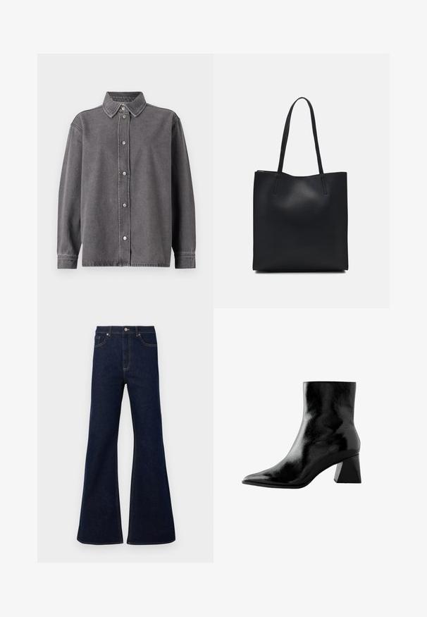 Szürke farmering, gombos elöl, hosszú ujjakkal és hegyes gallérral. Két elülső zsebet és laza szabást tartalmaz.; Sötétkék, bővülő farmernadrág magas derékkal, elülső zsebekkel és arany szálú varrással. Simább textúra, klasszikus szabás.; Fekete bokacsizma fényes felülettel, hegyes orral és vaskos négyzetes sarkal. Sima textúrával és letisztult, minimalista dizájnnal.; Fekete bőrtáska sima felszínnel, téglalap alakú, két hosszú füllel. Nincs látható fémkiegészítő vagy díszítés.