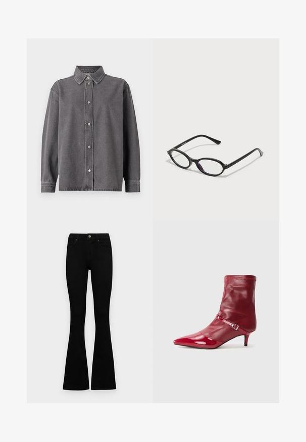 Gray denim shirt with a button-down front, long sleeves, and pointed collar. Features two front pockets and a relaxed fit.; Black high-waist jeans with a button and zip closure, front pockets, and flared legs laid flat on a white background.; Red synthetic ankle boot with a pointed toe, glossy finish, and a slim heel. Features a strap with a metal buckle and elasticized cuff.; Black oval-frame glasses with translucent purple accents on the lenses. Frames have a matte finish and slender, straight temples.; Black leather handbag with a curved shape, detachable strap, and gold hardware. The bag features a flap with a buckle detail.
