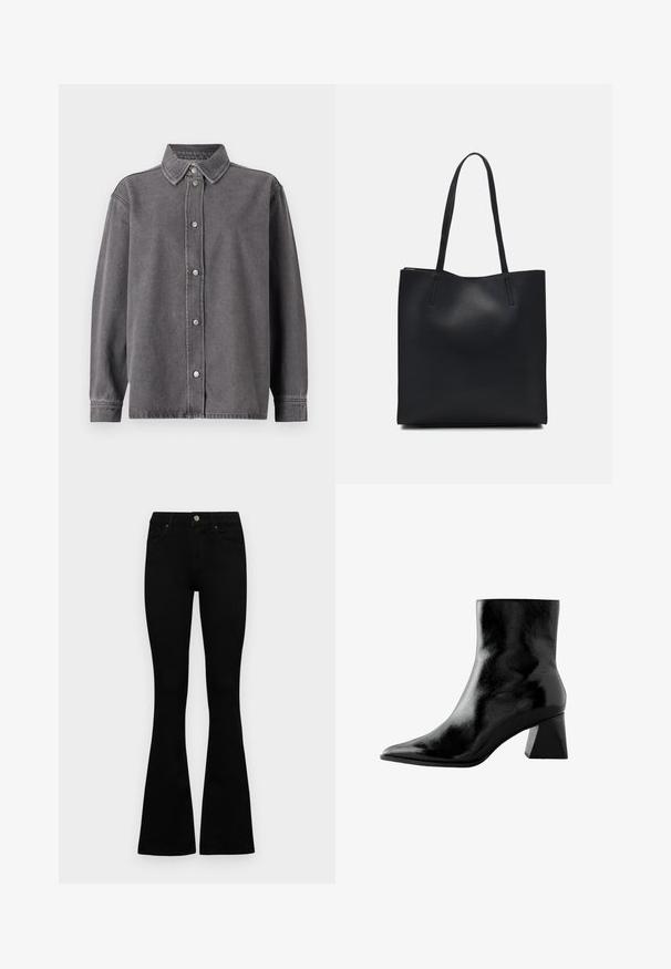 Camisa de mezclilla gris con botones en la parte delantera, mangas largas y cuello puntiagudo. Presenta dos bolsillos frontales y un corte relajado.; Jeans negros de cintura alta con cierre de botón y cremallera, bolsillos frontales y piernas acampanadas, dispuestos sobre un fondo blanco.; Bota negra hasta el tobillo con un acabado brillante, punta afilada y un tacón cuadrado robusto. Textura suave con un diseño elegante y minimalista.; Bolso tote de cuero negro con textura lisa, forma rectangular y dos asas largas. Sin herrajes ni adornos visibles.