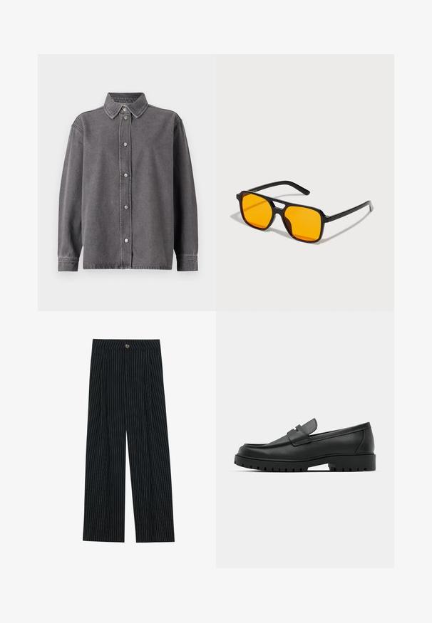 Grijze denimshirt met een knoopsluiting aan de voorkant, lange mouwen en een puntige kraag. Voorzien van twee zakken aan de voorkant en een losse pasvorm.; Zwarte pantalon met fijne strepen, gemaakt van gestructureerde stof. De broek heeft een sluiting met een knoop aan de voorkant en een geplooid ontwerp voor extra flair.; Zwarte leren instappers met een ronde neus, voorzien van een gestikt ontwerp, een lage platformzool en een gestructureerde, grof rubberen buitenzool.; Zwarte rechthoekige zonnebril met gedurfde oranje glazen. Heeft een uniek brugontwerp en slanke armen, vervaardigd uit lichtgewicht materiaal.