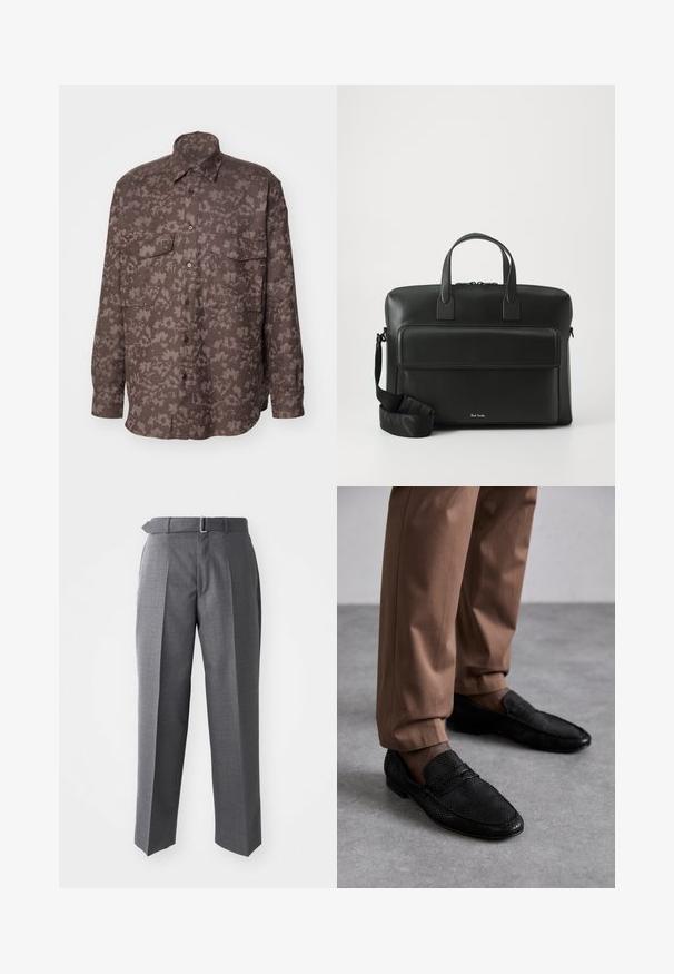 Long-sleeve shirt made of textured brown fabric with a leaf pattern, featuring two chest pockets and front button closure.; Gray tailored trousers with a straight-leg design, featuring a classic waistband and belt loops. Made of smooth, lightweight fabric.; Black loafers with a textured pattern, featuring a rounded toe and a low profile. Paired with tan trousers on a gray surface.; Black leather briefcase with dual top handles, a front pocket, and a detachable strap, featuring subtle branding at the bottom.
