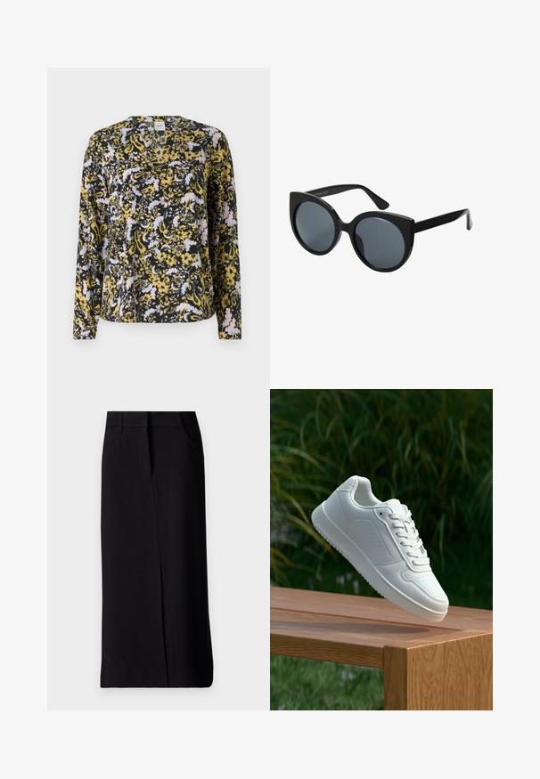 Langermet bluse i svart, med et blomstertrykk i gult, lyseblått og rosa. V-hals-design og myk, lett stoff.; Svart lang skjørt laget av stoff med en glatt tekstur. Har en splitt foran og to sidelommer. Klassisk design med en tettsittende midje.; Hvite sneakers med en glatt syntetisk overdel, perforert tåboks, flate snørebånd og en teksturert såle, vist på en treflate.; Sorte oversized solbriller med katteøye-form, mørkt tonede linser og blank plastikkinnramme. Har tykke stenger for støtte.