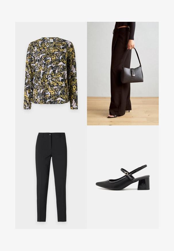 Langermet bluse i svart, med et blomstertrykk i gult, lyseblått og rosa. V-hals-design og myk, lett stoff.; Sorte tettsittende bukser i glatt stoff, med klassisk midjebånd, frontal glidelås og sidelommer, med en strømlinjeformet, skreddersydd design.; Sorte lakk lær slingback hæler med spiss tå, et avrundet utskjæringsdesign og blokkheel. Har en gulltone spenne som detalj.; Svart håndveske med strukturert form, jevn tekstur og metallisk lås. Kombinert med brede svarte bukser og sandaler med åpen tå på tregulv.