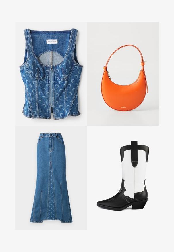 Denim Cropped-Top mit Reißverschluss vorne, abgerundeten Nahtdetails und einem wiederholten Halbmond-Muster in Hellblau auf einem dunkleren blauen Hintergrund.; Maxi-Jeansrock in Mittelblau mit einer figurbetonten Taille, gerader Silhouette, kontrastierenden roten Nähten und einem dezenten, kreisförmigen Muster auf der Rückseite.; Schwarz-weißer Cowboy-Stiefel aus synthetischem Leder, mit spitzem Absatz, gewelltem Design und niedrigem Blockabsatz. Auffällige Nähte.; Orangefarbene Ledertasche in Halbmondform, mit schlankem Tragegurt und goldenen Beschlägen. Sie verfügt über einen Reißverschluss und den eingeprägten Markennamen auf der Vorderseite.; Goldfarbene Kettenhalskette mit einem zentralen Anhänger in Domform, einem Kreuzakzent und klaren Strasssteinen.
