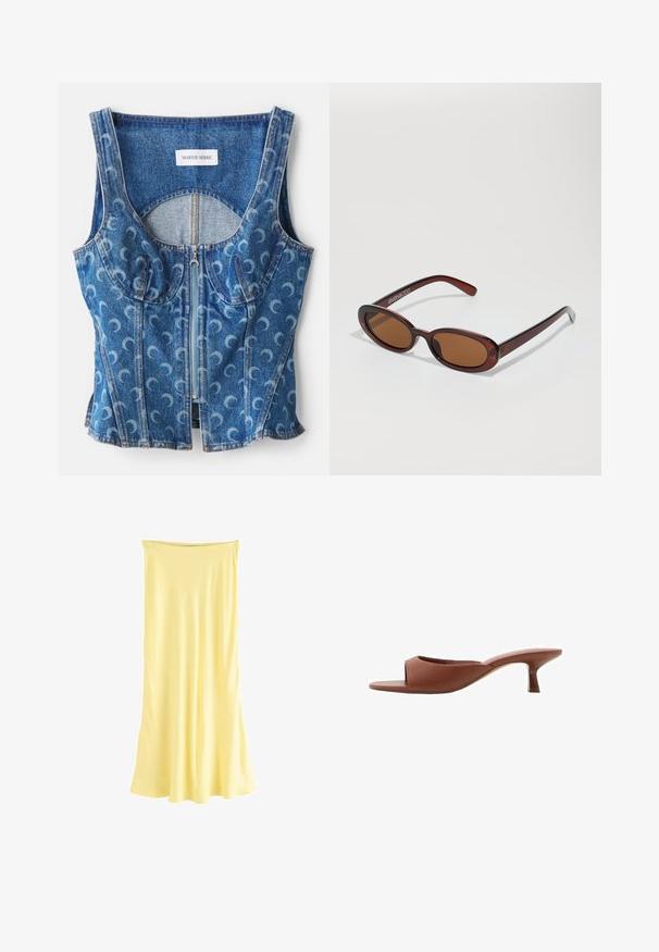 Jeanskort topp med dragkedja fram, rundad sömdetaljering och ett upprepat mönster av halvmånar i ljusblått på en mörkblå bas.; Gul, ärmlös, knälång klänning i ett mjukt, lätt material med en flödande silhuett och en rak halsringning.; Bruna öppna klackmules med en slät, matt yta, med en kurvad design och en genomskinlig, avsmalnande klack.; Runda, bruntonade solglasögon med en glansig bordeauxfärgad ram. Smala bågar med subtilt varumärkesdetalj. Platt linsdesign.; Brun läderhandväska med dubbla remmar, en rundad form, guldhardware och detalj med centralspänne. Slät textur med sömmade accenter.