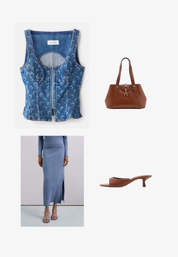 Jeanskort topp med dragkedja fram, rundad sömdetaljering och ett upprepat mönster av halvmånar i ljusblått på en mörkblå bas.; Kvinna klädd i en blå stickad midiklänning med sidoknappar och metallic ankelsandaler med hög klack på en enfärgad bakgrund.; Bruna öppna klackmules med en slät, matt yta, med en kurvad design och en genomskinlig, avsmalnande klack.; Brun läderhandväska med dubbla remmar, en rundad form, guldhardware och detalj med centralspänne. Slät textur med sömmade accenter.