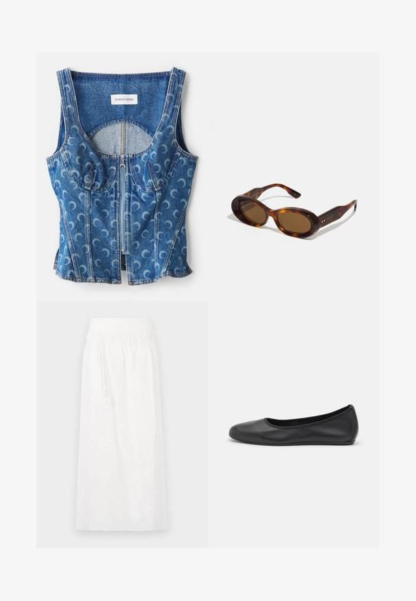 En denim crop top med lynlås foran, buede sømdetaljer og et gentaget halvmåne mønster i lyseblå på en mørkere blå baggrund.; Hvid maxi nederdel med elastisk talje, diskret blomsterbroderi og et let flydende design. Fremstillet af letvægtsstof.; Sort læderballetsko med rund tå, glat tekstur, minimal syning og et fleksibelt såldesign.; Skildpaddeskals-solbriller med ovale linser, brun nuance, og gyldne detaljer på stængerne. Kraftige rammer med en blank overflade og glat tekstur.