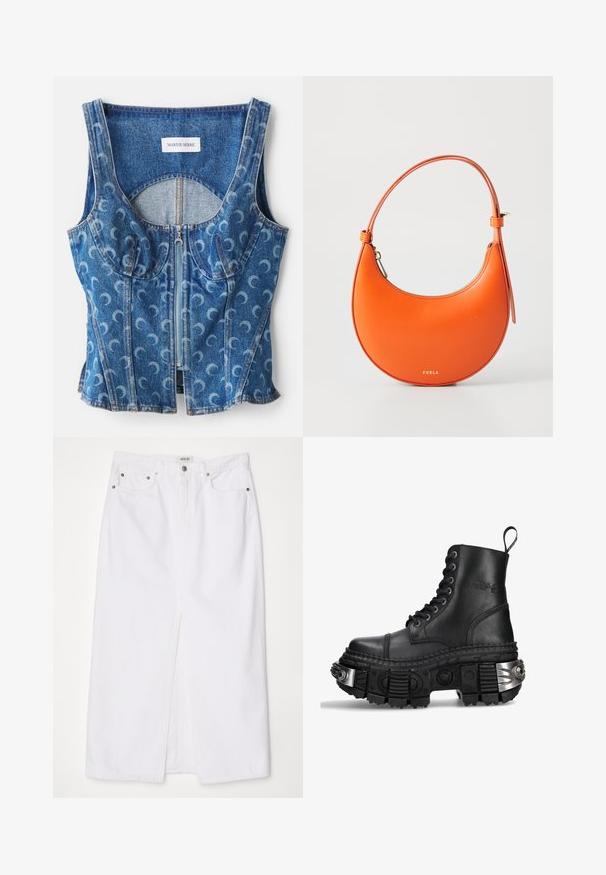Jeanskort topp med dragkedja fram, rundad sömdetaljering och ett upprepat mönster av halvmånar i ljusblått på en mörkblå bas.; Vit denimkjol med slits fram, femfickorsdesign, metallknapp och dragkedjestängning samt sydda kantdetaljer.; Svart läderkampskor med hög topp, rund tå, tjock strukturerad sula, silverdetaljer och ett distinkt mönster på sulan.; Orange läderhandväska med halvmåneform, smal rem och guldiga detaljer. Har dragkedjestängning och präglat varumärke på framsidan.; Guldtonad kedjehalsband med en central hänge i kupolform, korsaccent och klara rhinstenar genomgående.