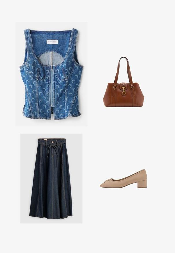 Top scurt din denim cu fermoar în față, detalii cu cusături curbate și un model repetat de lună în formă de semilună, în nuanțe de albastru deschis pe un fundal albastru mai închis.; Levi's® XL SKIRT - Fustă denim - square circle; Pantofi din piele bej, cu vârful ascuțit, detaliu mic în formă de fundă în față și toc pătrat jos. Textură netedă cu cusături minime.; Geantă de mână din piele maro, cu curele duble, formă rotundă, accesorii din aur și un detaliu central cu cataramă. Textură netedă cu accente cusute.