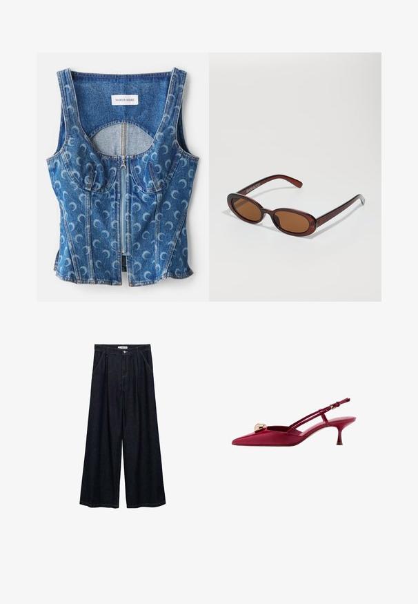 Denimowy crop top z zapięciem na zamek z przodu, szczegółami krzywych szwów oraz powtarzającym się wzorem w kształcie półksiężyca w jasnoniebieskim kolorze na ciemnoniebieskiej bazie.; Ciemnoniebieskie spodnie o szerokich nogawkach z wysokim stanem, z zamknięciem na guzik z przodu, dwoma bocznymi kieszeniami oraz detalami w szwach.; Czerwone lakierowane czółenka ze szpilką, zakończone w szpic, ozdobione złotym kulistym akcentem i smukłym obcasem. Regulowany pasek.; Okrągłe, brązowe okulary przeciwsłoneczne z błyszczącą bordową oprawą. Cienkie ramiona z subtelnym detalem marki. Płaski kształt soczewek.; Brązowa skórzana torebka z podwójnymi uchwytami, okrągłym kształtem, złotymi okuciem i centralnym detalem z klamrą. Gładka tekstura z haftowanymi akcentami.