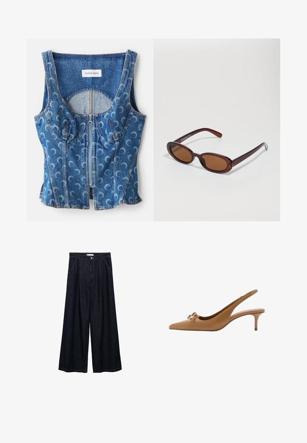 Top scurt din denim cu fermoar în față, detalii cu cusături curbate și un model repetat de lună în formă de semilună, în nuanțe de albastru deschis pe un fundal albastru mai închis.; Pantaloni largi din denim închis, cu talie înaltă, având un închidere cu nasture frontal, două buzunare laterale și detalii de cusătură.; Sandale cu toc mic din piele bej, cu vârf ascuțit și detaliu decorativ cu fundă în partea din față. Textură netedă și design clasic.; Ochelari de soare rotunzi, cu nuanțe de brown și cu un cadru lucios de burgund. Brațe subțiri cu detalii subtile de branding. Design cu lentile plate.; Geantă de mână din piele maro, cu curele duble, formă rotundă, accesorii din aur și un detaliu central cu cataramă. Textură netedă cu accente cusute.
