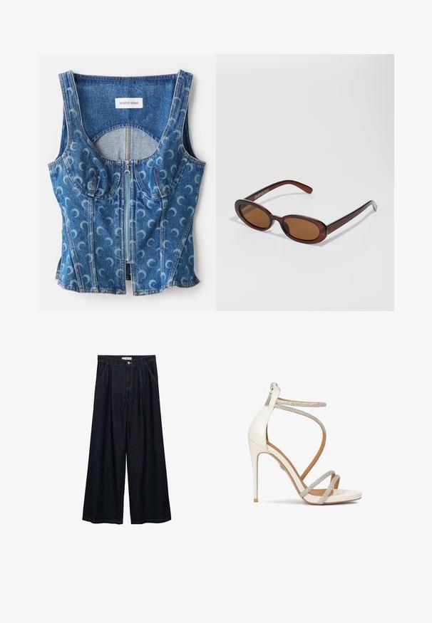 Top scurt din denim cu fermoar în față, detalii cu cusături curbate și un model repetat de lună în formă de semilună, în nuanțe de albastru deschis pe un fundal albastru mai închis.; Pantaloni largi din denim închis, cu talie înaltă, având un închidere cu nasture frontal, două buzunare laterale și detalii de cusătură.; Sandale albe cu toc înalt, cu barete strălucitoare argintii, vârful deschis și închidere cu fermoar la spate. Textură netedă, design elegant și toc ascuțit.; Ochelari de soare rotunzi, cu nuanțe de brown și cu un cadru lucios de burgund. Brațe subțiri cu detalii subtile de branding. Design cu lentile plate.; Geantă de mână din piele maro cu formă structurată, accente aurii, curele duble pentru umăr și un detaliu decorativ cu cataramă în centru.